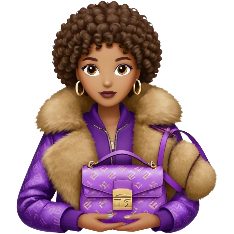 Beautiful black woman with curly hair. She is wearing a brown monogram Fendi jacket with a fur trim. She is carrying a purple sequined Fendi Baguette bag. I want the image close up. The jacket is not purple.  emoji