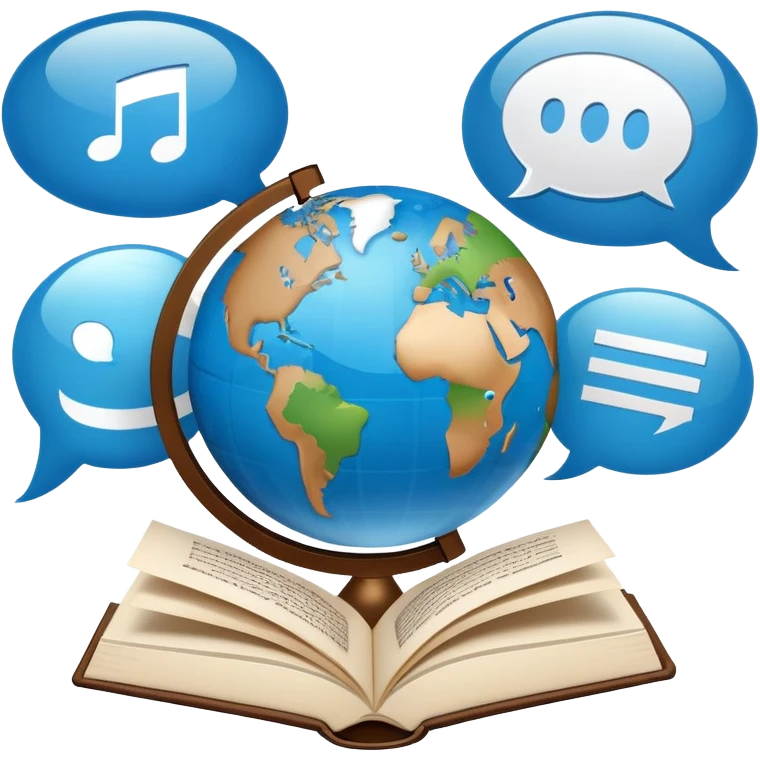 An icon showing a globe surrounded by speech bubbles with greetings in different languages, like 'Hello,' 'Hola,' and 'Bonjour.' The design includes an open book and a quill, symbolizing learning and communication. Transparent background emphasizes global connection through language. emoji