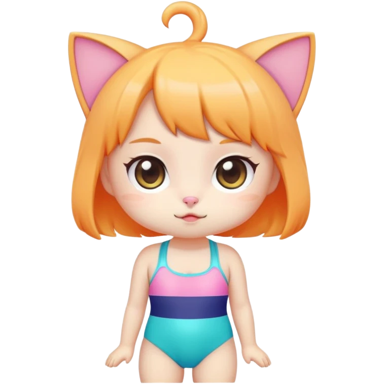 Cute short cat girl character with big head in a colorful swimsuit, kawaii style emoji