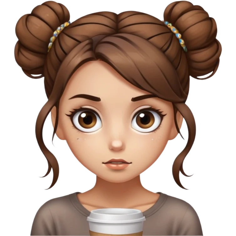 girl with long brown hair with messy bun, too much coffee, chaotic sparkle eyes emoji