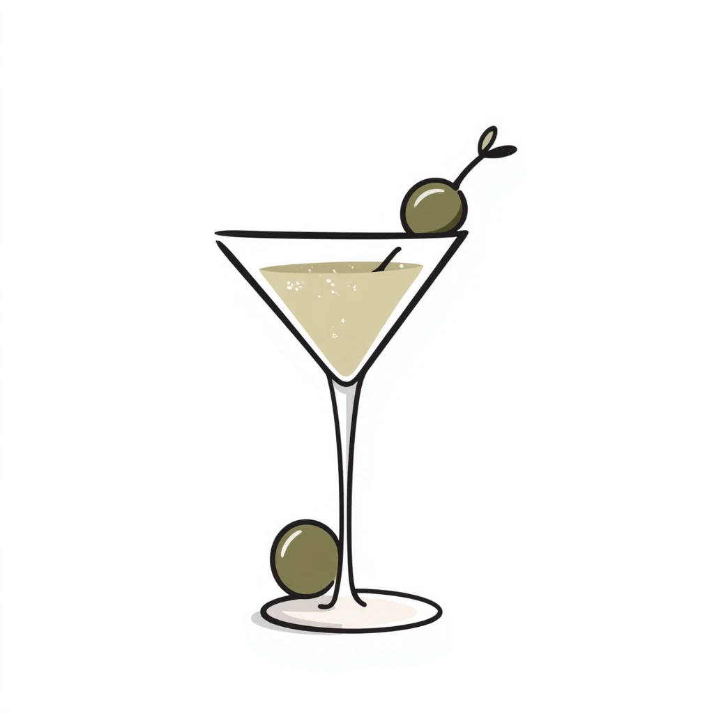 A classic martini glass with olive garnish in pastel colors (dd9fb0, ffc6d3, a3bfc9, c4bee2, f1b091), hand-drawn doodle style emoji