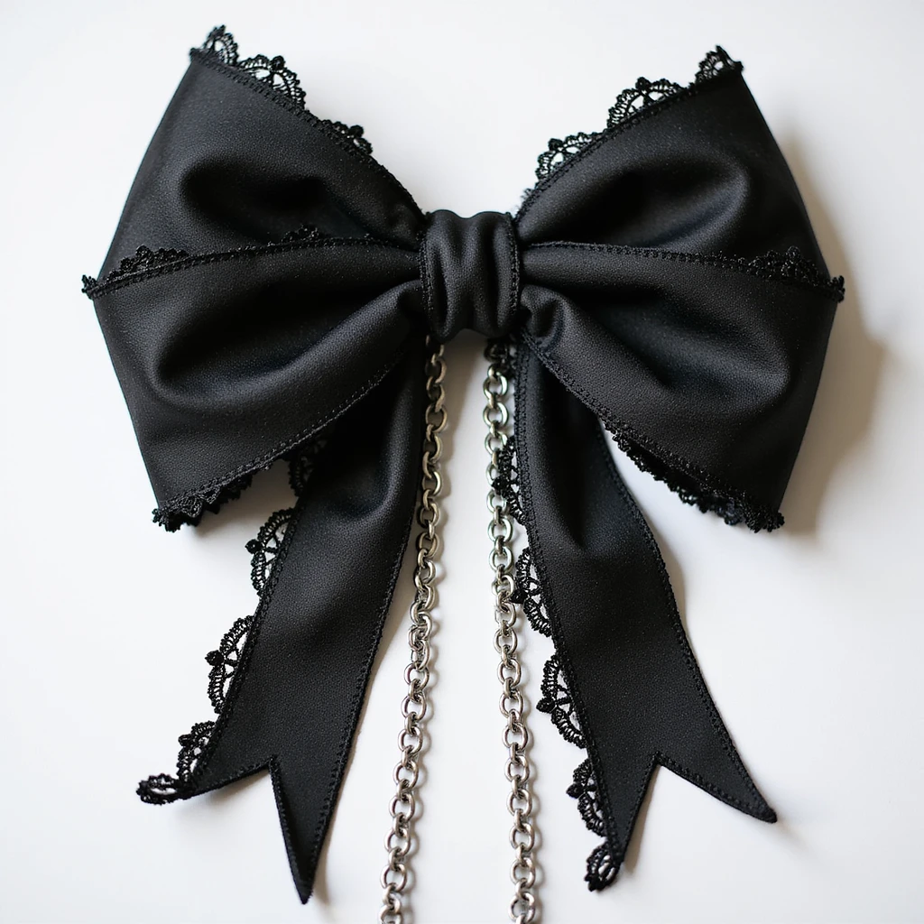 realistic black gothic bow with lace, dramatic pointed ends, ornate silver chains, transparent background emoji