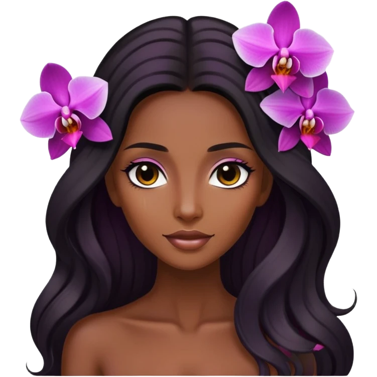 Upclose, black long hair tanned woman, orchid flowers in hair, body emoji
