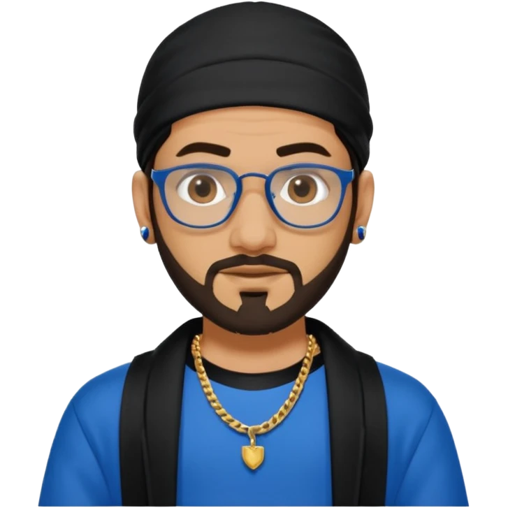 Hassan B from Ali G Indahouse with dark brown long hair and short beard, blue and black outfit emoji