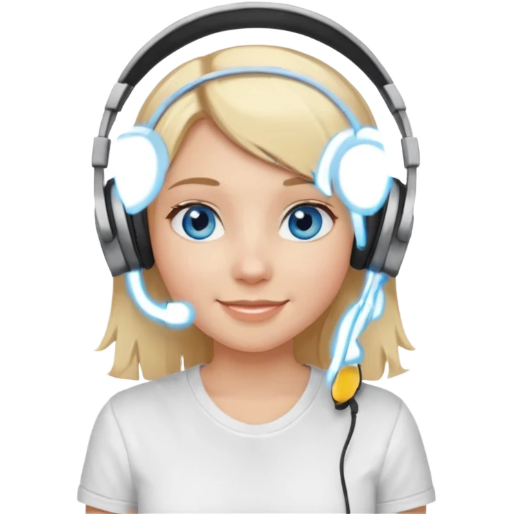 girl with blonde hair and blue eys, having on ears heaphones, with heands telling what, with white shirt emoji