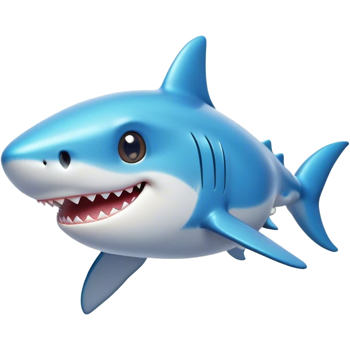 Cinematic Cute Shark Portrait Emoji, Head tilted playfully and inquisitively, featuring a glossy, streamlined body with a subtle shimmering hue and round, sparkling eyes filled with curious charm, Simplified yet irresistibly adorable features, highly detailed, glowing with a warm, friendly glow, high shine, affectionate and sleek, stylized with a touch of marine whimsy, bright and endearing, soft glowing outline, capturing the essence of a mischievous yet loving shark, so playful it feels like it could swim out of the screen into your arms! emoji