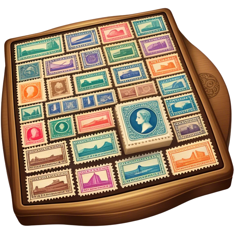 Icon for Stamp Collecting: a large stamp block in the middle and a collection of vintage and colorful stamps arranged around in an album or on a desk, with showcasing different themes. The icon should reflect the charm and history of philately. Transparent background. emoji