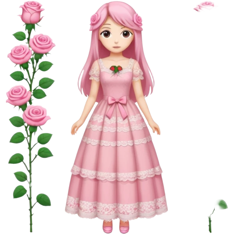 pastel anime woman with pink and white lace dress full body and long hair with roses emoji