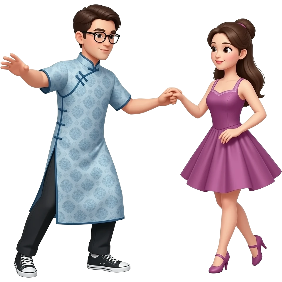 male with glasses in long cheongsam dress (no shorts) and dancing sneakers. show whole body profile with right hand outstretched to grasp a lady dancer's hand. emoji