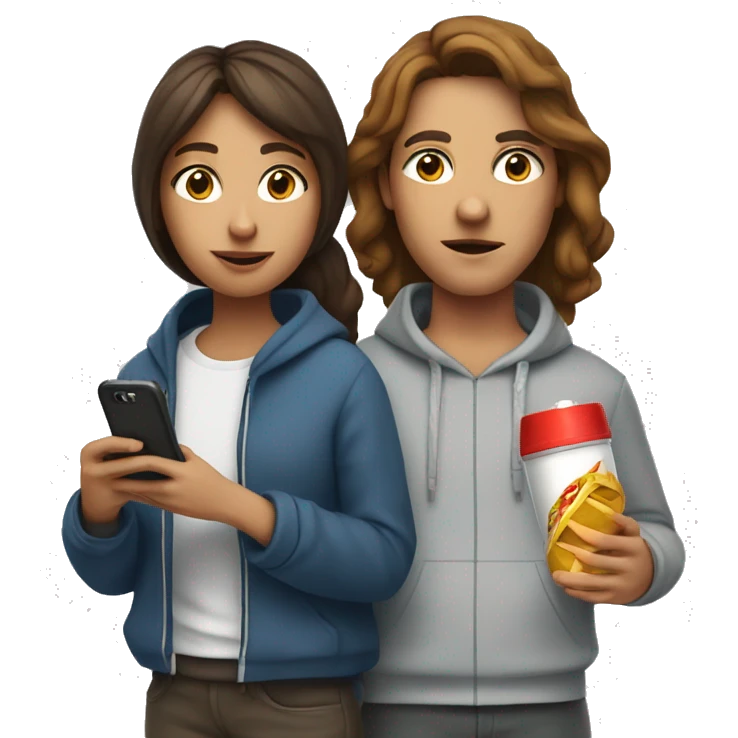 woman with brown hair holding an inhaler and fast food standing beside a man with a hoodie on holding his phone  emoji