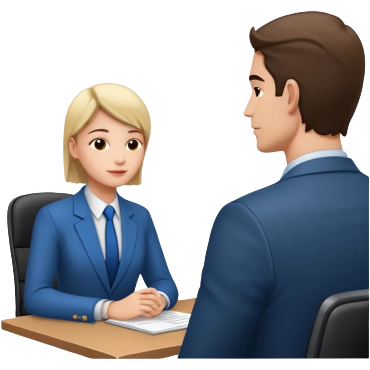 une image de 3/4 avec un recruteur à son bureau PAS DE FACE DE 3/4! qui regade un candidat assis en face de lui emoji