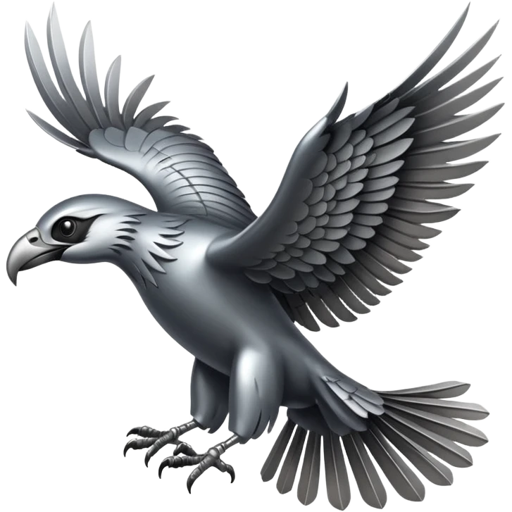 Emoji-style icon of a large metallic predatory bird flying, sharp wings, steel texture, dramatic pose, no gold no yellow emoji