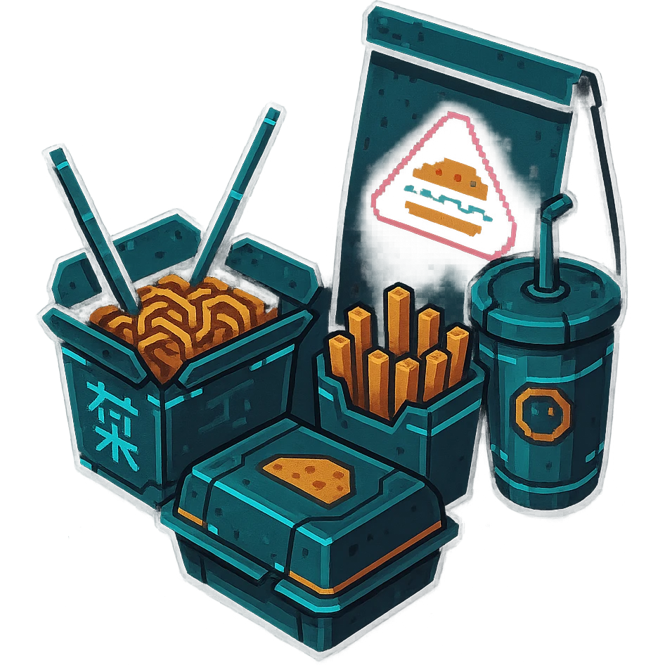 cyberpunk futuristic, 3d isometric, item image, video game item, inventory icon, the image depicts a small box of takeout, takeaway, chinese takeout food, delivery food. futuristic drive-through sandwich boxes, fries, bag and drink. dystopian. pixelated retro video game graphics emoji