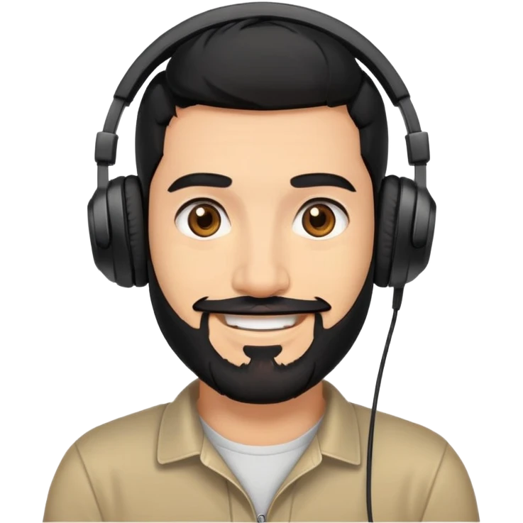 Smiling man with black hair, brown eyes, black beard wearing gaming headphones emoji