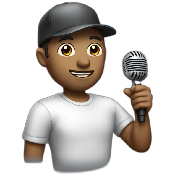 Stand Up actor with a silver microphone in the hand and in a dark cap emoji