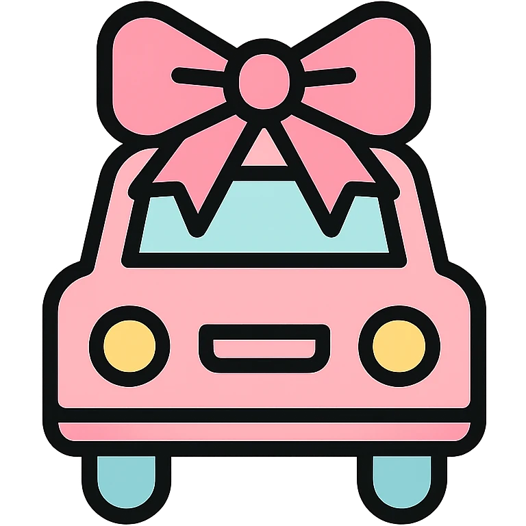 a pastel pink car with a bow, minimal and modern emoji