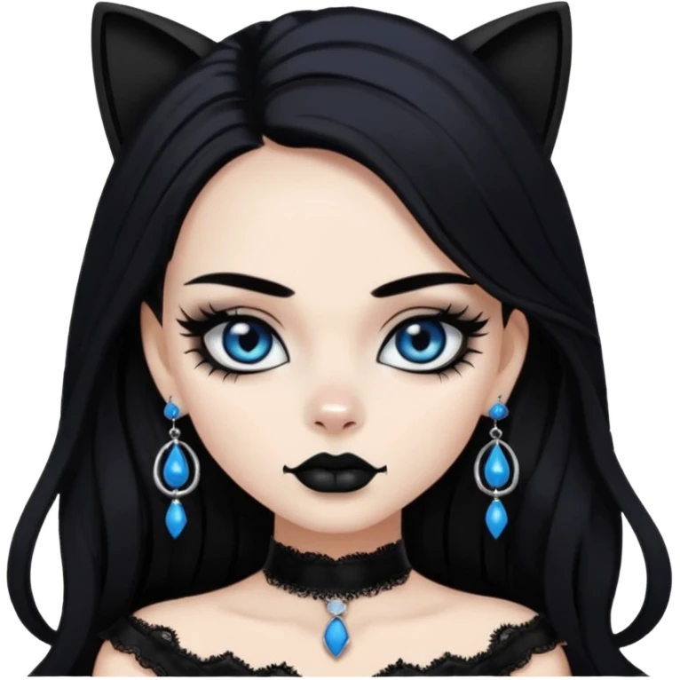 A girl with long black hair and blue eyes, black eyeshadow, black cat eye liner, mascara, and black lipstick,and black skull earrings. Also a black sexy dress   emoji