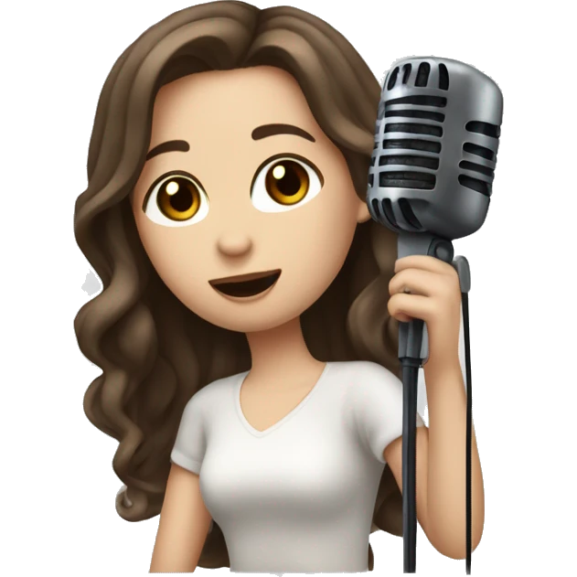 a girl with long brown hair middle part, hazel eyes, pale skin, dark lips, singing into a microphone emoji