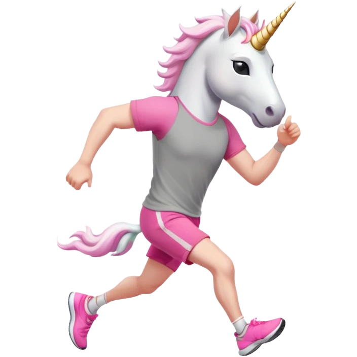 friendly anthropomorphised male white unicorn in grey shorts and pink t-shirt, wearing dark sunglasses, jogging upright in a relaxed pose emoji