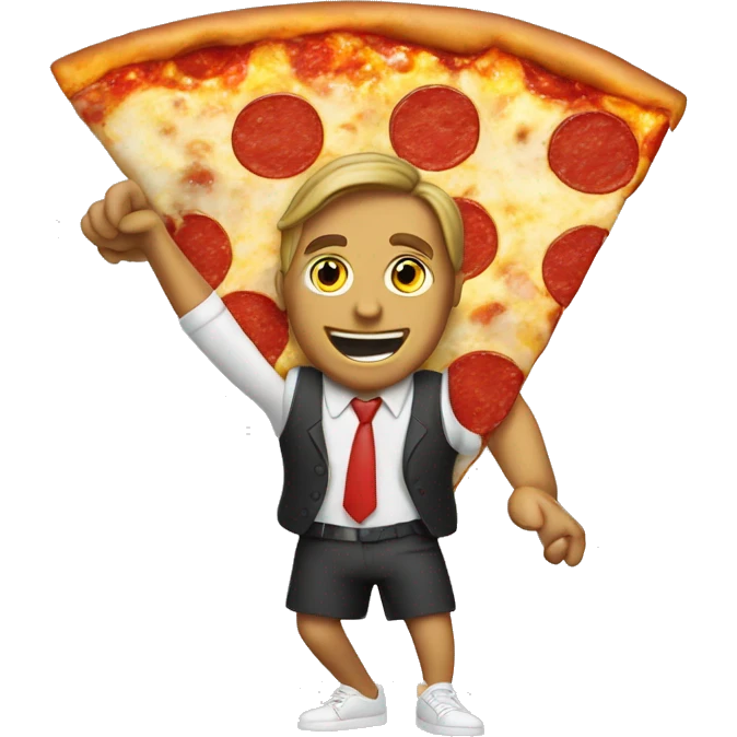 Man surfing on pizza wearing a skirt emoji