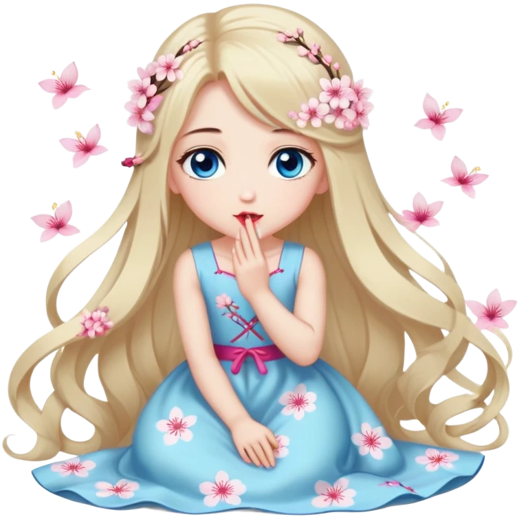 Turkish Girl with long blond hair and sakura accessories on her hair with a long tailed sakura dress on the ground and have blue eyes beautiful finish and she sending lovely kisses  emoji