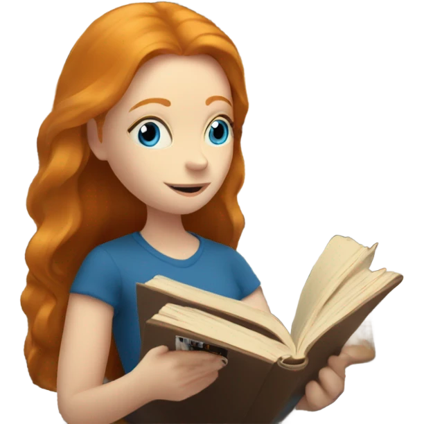 ginger girl with blue eyes reading a book with records around emoji