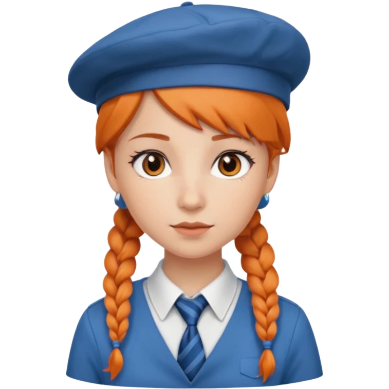 orange braided hair girl, wearing white shir, a brown berret Hat, Blue Necktie emoji