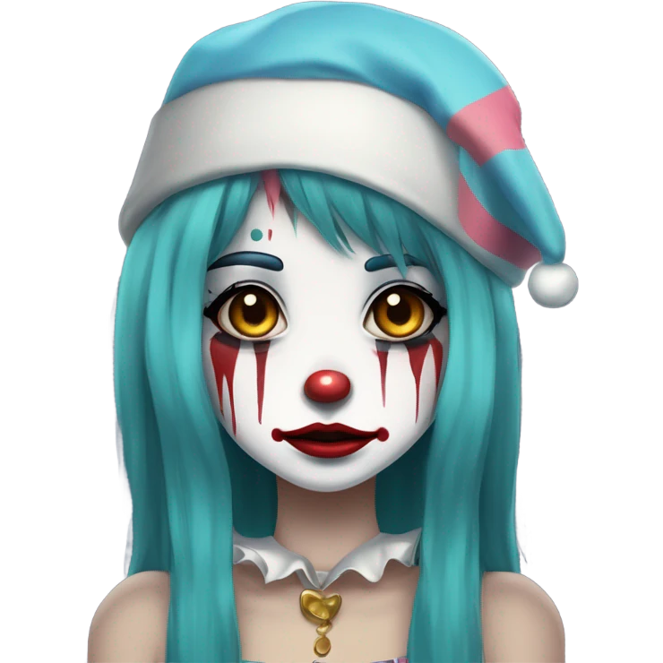 Anime manga style Sad clown girl with clown face paint wearing cap n bells cockcomb jester hat with long straight black hair exaggerated expression on her face  emoji