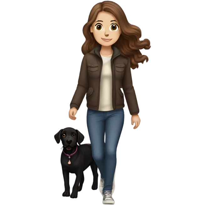 White girl with wavy brown hair walking a black Labrador emoji