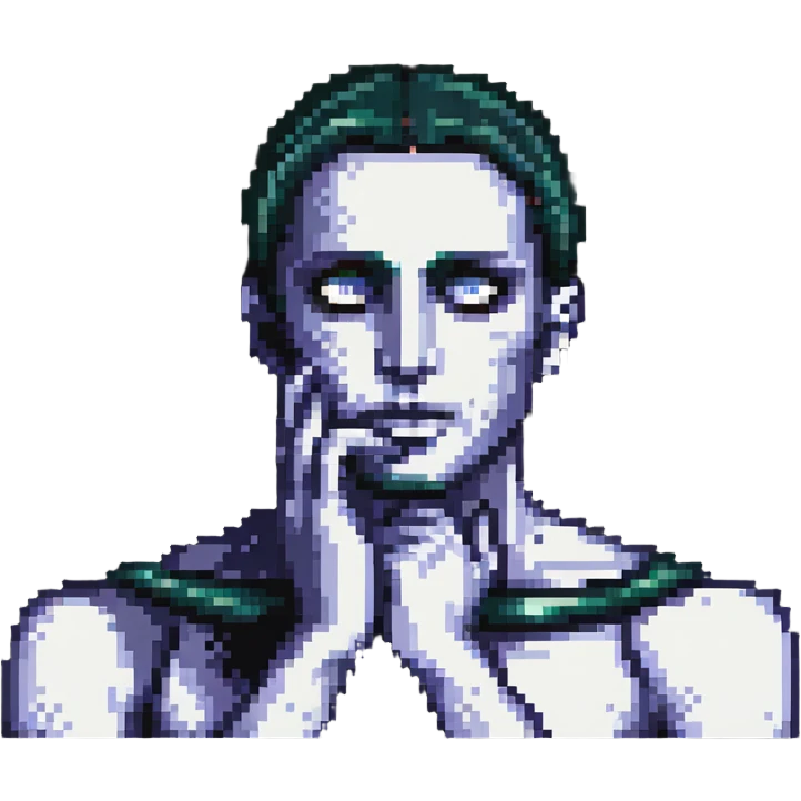 detailed human man with third eye open, contemplative pose with hand on chin emoji
