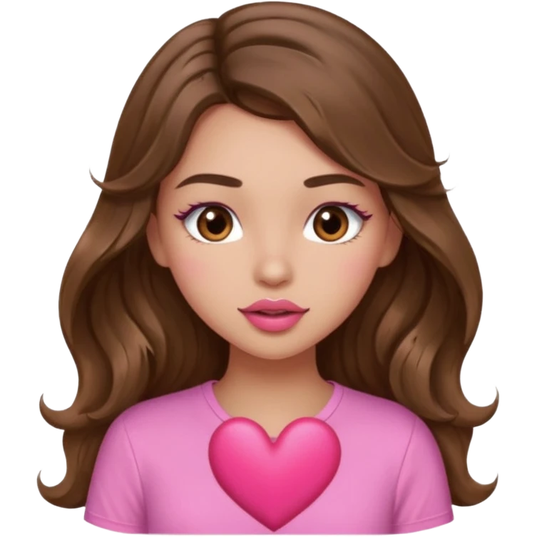 girl with long wavy brown hair, brown eyes, light to medium complexion, in a pink shirt, pink lips, long lashes, sexy , puckering, blushing, kissing a heart sexy emoji