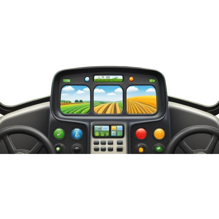 a view from the tractor cabin, with the dashboard in focus, overlooking a vibrant rural landscape. Inspired by Farming Simulator 22, the scene includes fields, crops, and distant barns under a bright sky. The design highlights the immersive experience of farm management. transparent background emoji