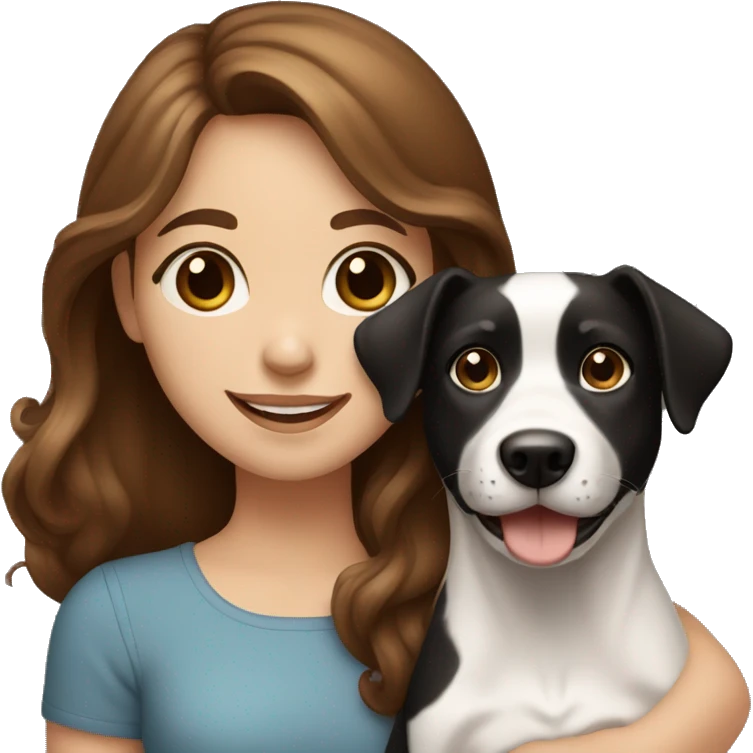 happy girl with brown hair blue eyes holding a black and white dog emoji