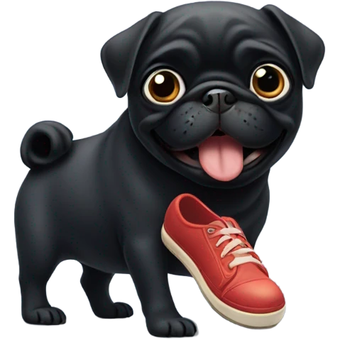 Black pug chewing on a shoe emoji