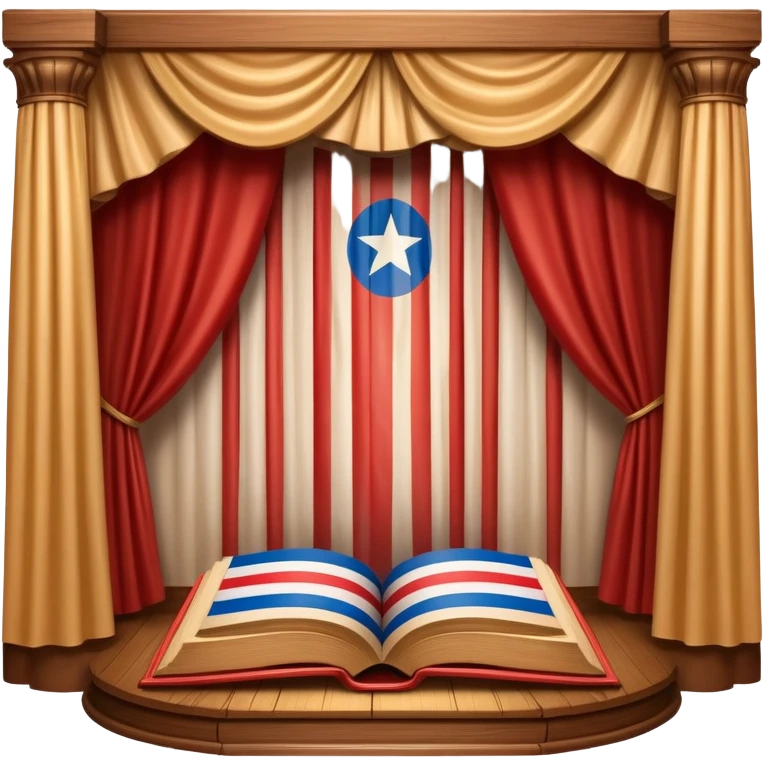 Timeless book with Puerto Rican flag colors flowing across cover like theater curtains, wooden stage elements carved into leather, golden light emerging from within, representing eternal theatrical legacy emoji
