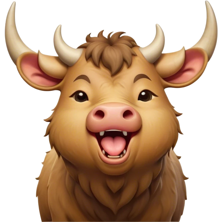 Cinematic Cute Yawning Domestic Ox Portrait Emoji, Head tilted slightly with a dramatic, wide-open yawn, showcasing a soft, textured hide with drooping horns and half-closed, drowsy eyes, Simplified yet irresistibly adorable features, highly detailed, glowing with a soft, cozy natural glow, high shine, relaxed yet expressive, stylized with a dash of pastoral whimsy, soft glowing outline, capturing the essence of a sleepy yet affectionate ox that seems ready to stretch out for a nap! emoji