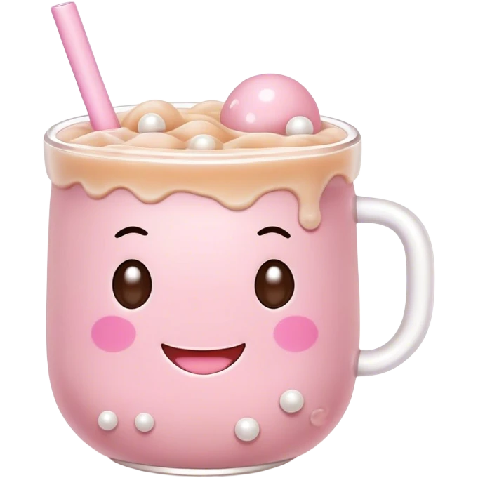 Cute Kawaii Boba Tea Cup, with a happy smiling face, chubby round shape, pastel pink and brown colors, soft glowing highlights, adorable tapioca pearls floating inside, sparkling eyes full of joy! emoji