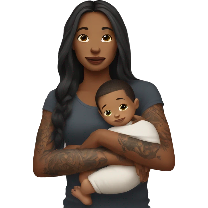  Woman with tattoos on arm with long hair holding a baby boy emoji