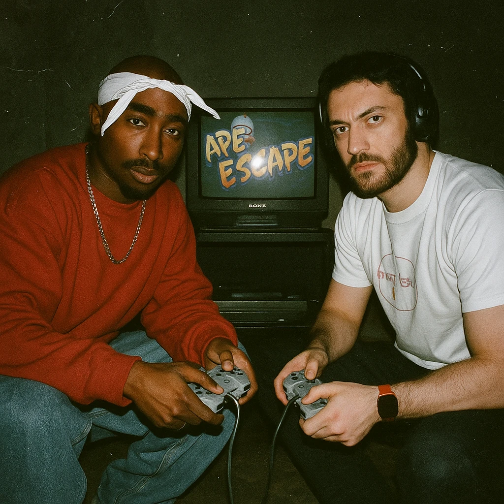 Create a grunge analog shot featuring a rapper in Tupac style (not recognizable) and the boy from the reference photo sitting on the floor. There is a 90s CRT TV with Ape Escape on Playstation 1 in a dimly lit room. Both hold Playstation 1 controllers and look at the camera with flash, creating a retro atmosphere. emoji
