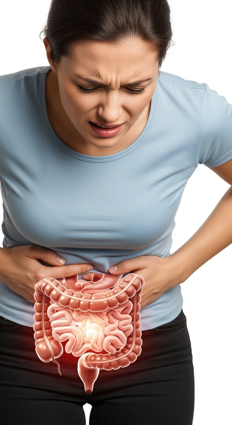 donna piegata in avanti frontalmente con mal di pancia, espressione di dolore in volto in primo piano e intestino anatomico in evidenza, iperrealistico 4k, sfondo bianco emoji