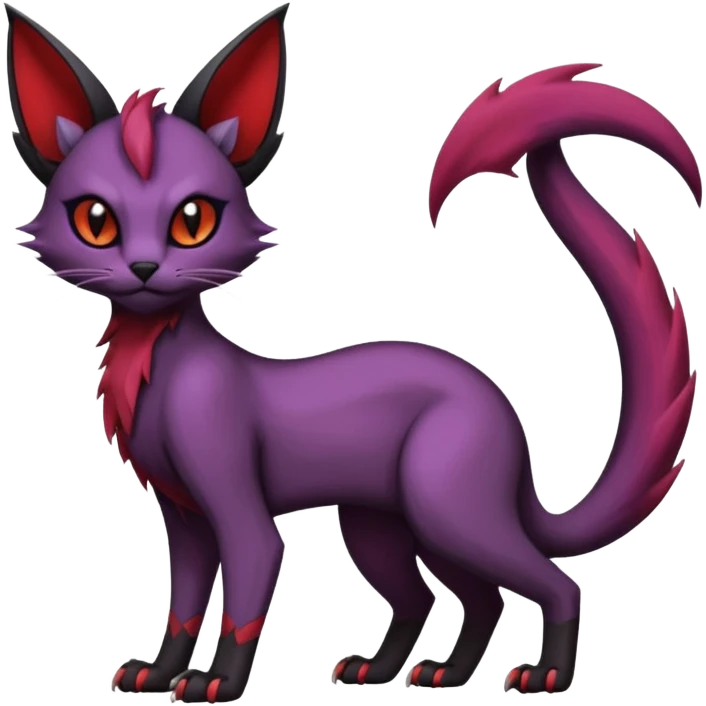 Dark gloomy gothic Black violet red edgy cute Noivern-Noibat-Purloin-Torracat-Lykoi-Caracal-cat-Fakemon-fusion-hybrid-creature with an imp tail  emoji