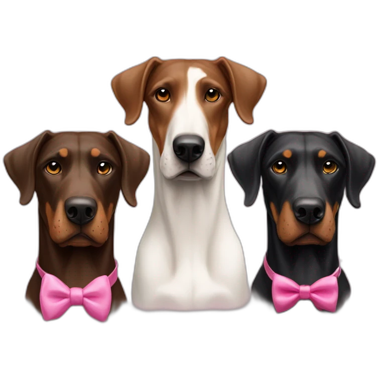 a-white-doberman-with-a-pink-bow-tie-on-the-neck,-a-black-one-and-a-brown-one emoji