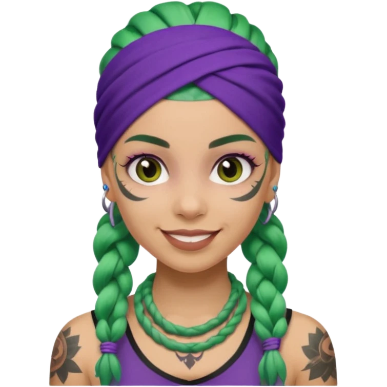 green braided hair with purple head bandana and lots of face tattoo girl emoji