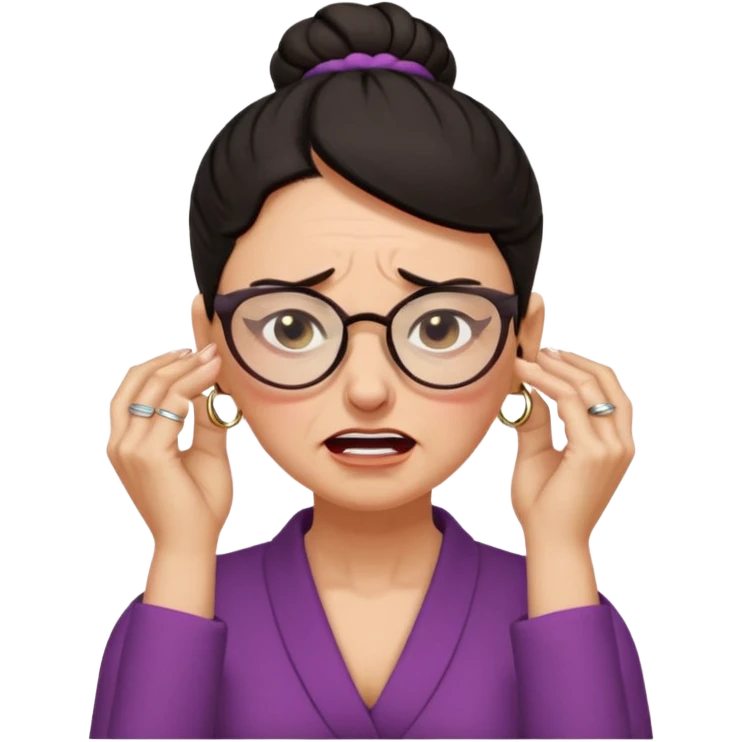  middle aged woman with dark hair pulled up in a high bun, wearing round ring earrings and glasses, expression extreme pain on her face, covering her ears with her hands very painful expression on her face, eyes squeezed shut, wincing in pain covering her ears with her hands emoji