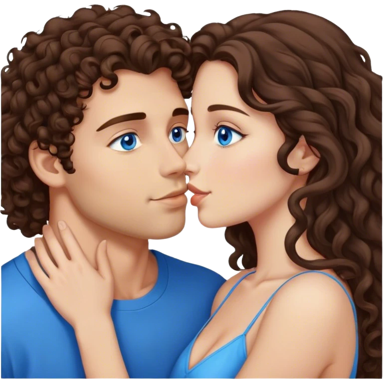 Curly brown hair Caucasian guy with brown eyes kiss kiss a brunette with long straight hair and blue eyes emoji