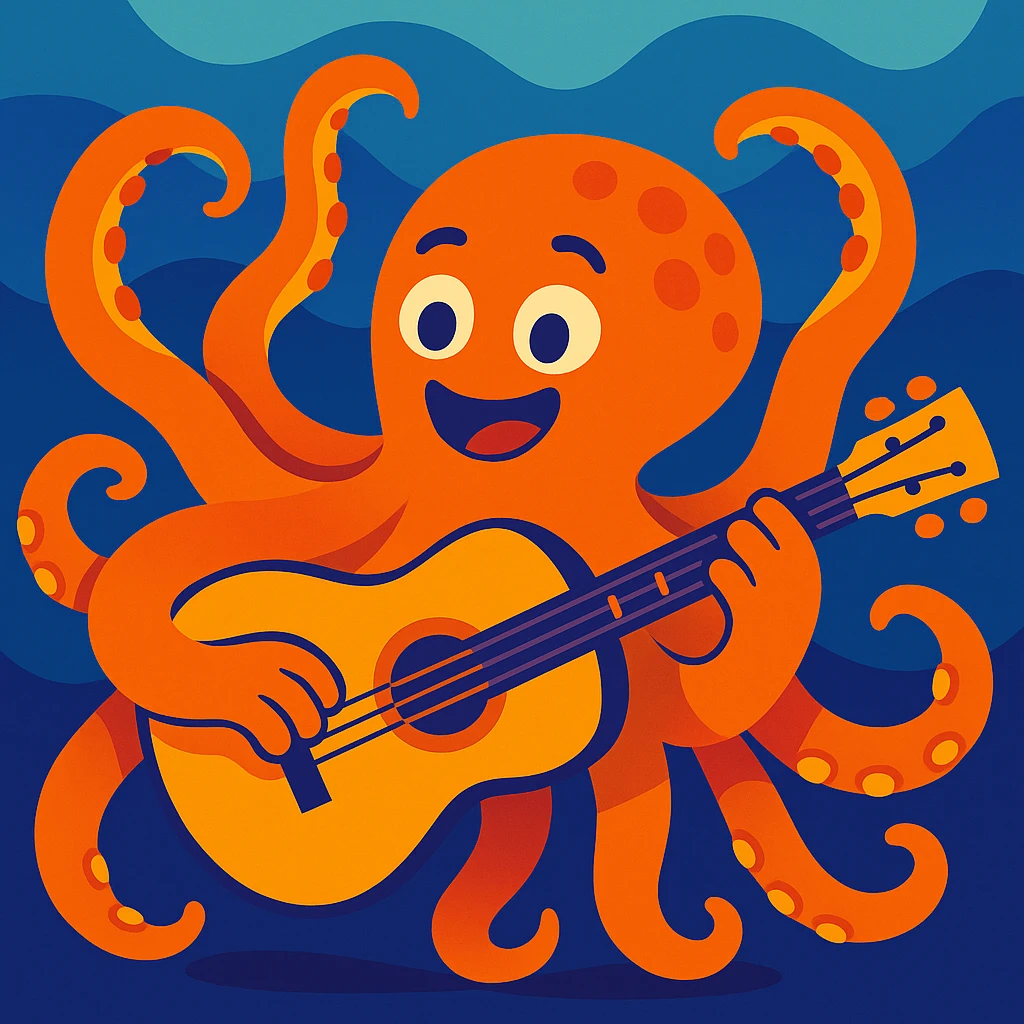 happy octopus with multiple arms playing guitar emoji