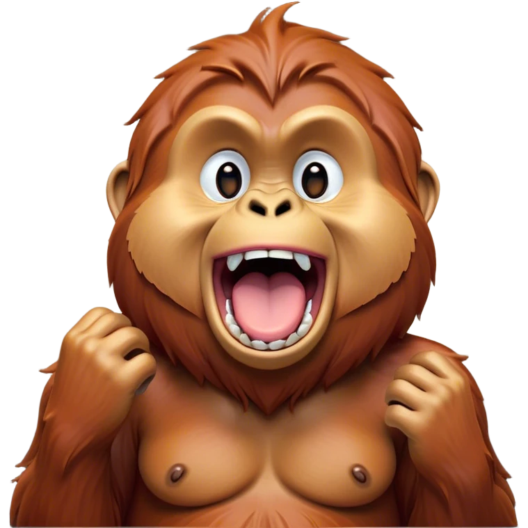 Cinematic Cute Yawning Orangutan Portrait Emoji, Head tilted slightly with a dramatic, wide-open yawn, showcasing a richly textured face with half-closed, sleepy eyes and a relaxed, open expression, Simplified yet irresistibly adorable features, highly detailed, glowing with a soft, cozy jungle glow, high shine, relaxed yet expressive, stylized with a dash of whimsical charm, soft glowing outline, capturing the essence of a drowsy yet affectionate guardian that appears ready to stretch out for a nap! emoji