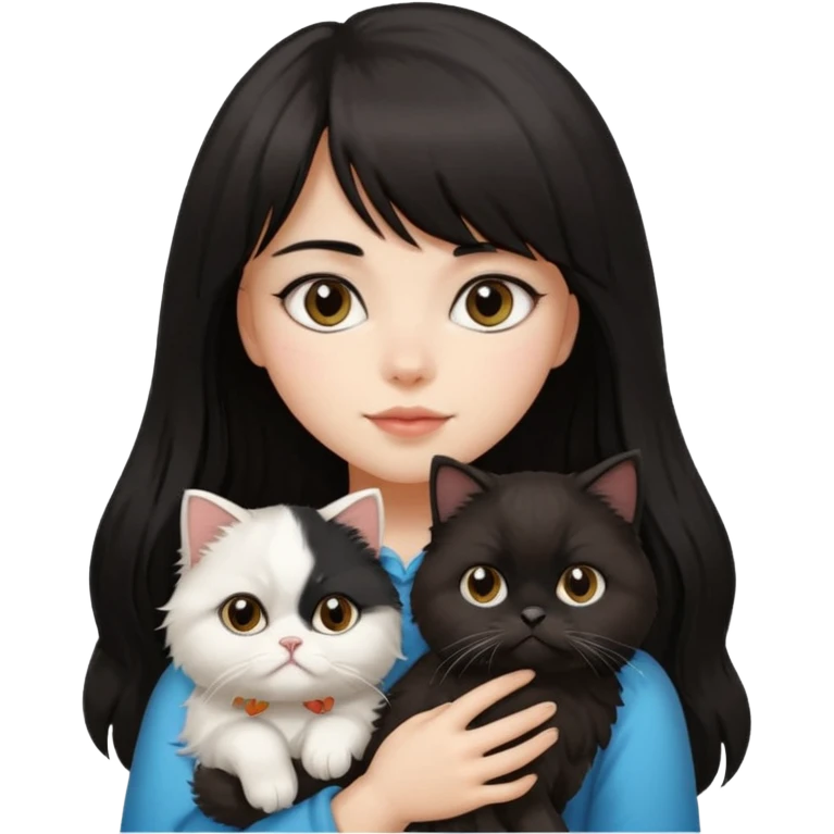 a girl with long dark brown, almost black hair with bangs, carrying a black and white fluffy Persian cat emoji