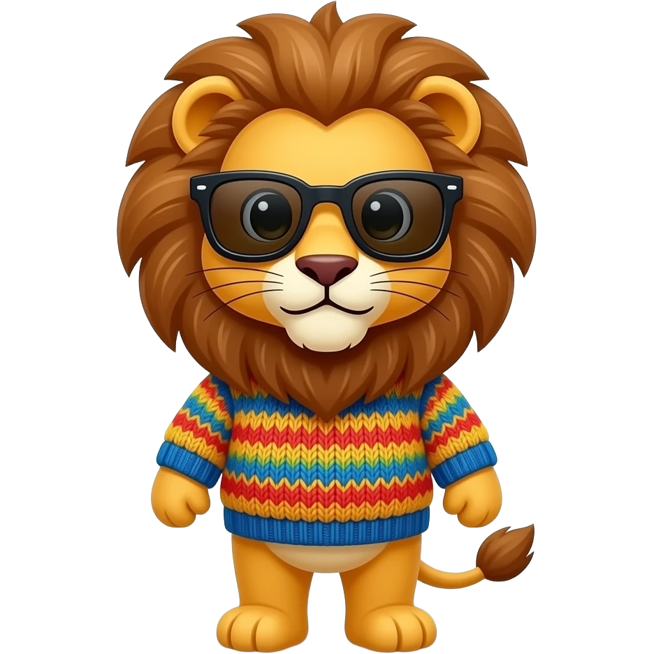 cute Lion wearing colourful sweater, sunglass front facing emoji