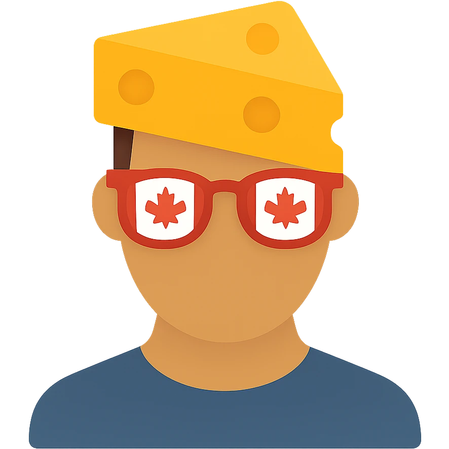 Add color to the icon: yellow cheese block, red and white Canada flag glasses, natural skin tone, simple colored shirt, keep background transparent. emoji